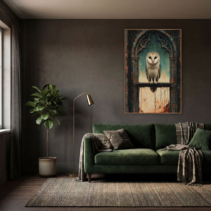 Barn Owl Gothic Window Moody wall art in a moody dark academia room – barn owl perched on a stone ledge in a gothic