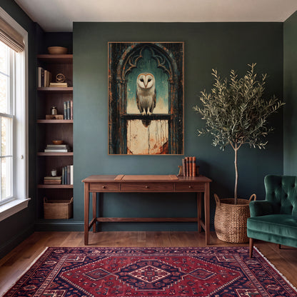 Barn Owl Gothic Window Moody wall art in a moody dark academia room – barn owl perched on a stone ledge in a gothic