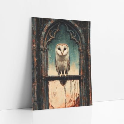 Barn Owl Gothic Window Moody art print leaning against a white wall – barn owl perched on a stone ledge in a gothic arch