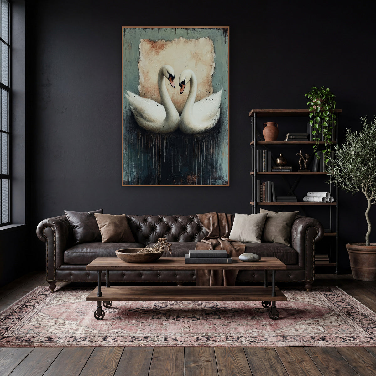 Twin Swans Moody Dark Academia wall art in a moody dark academia room – two white swans with necks curved into a heart