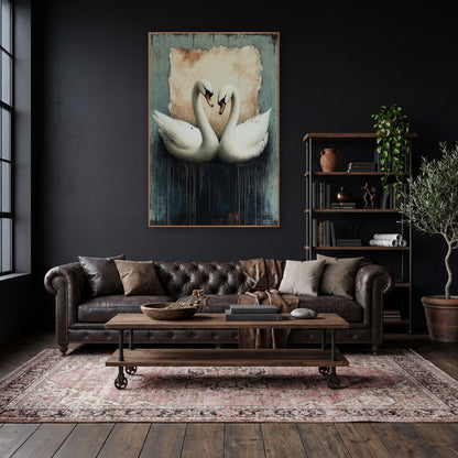 Twin Swans Moody Dark Academia wall art in a moody dark academia room – two white swans with necks curved into a heart
