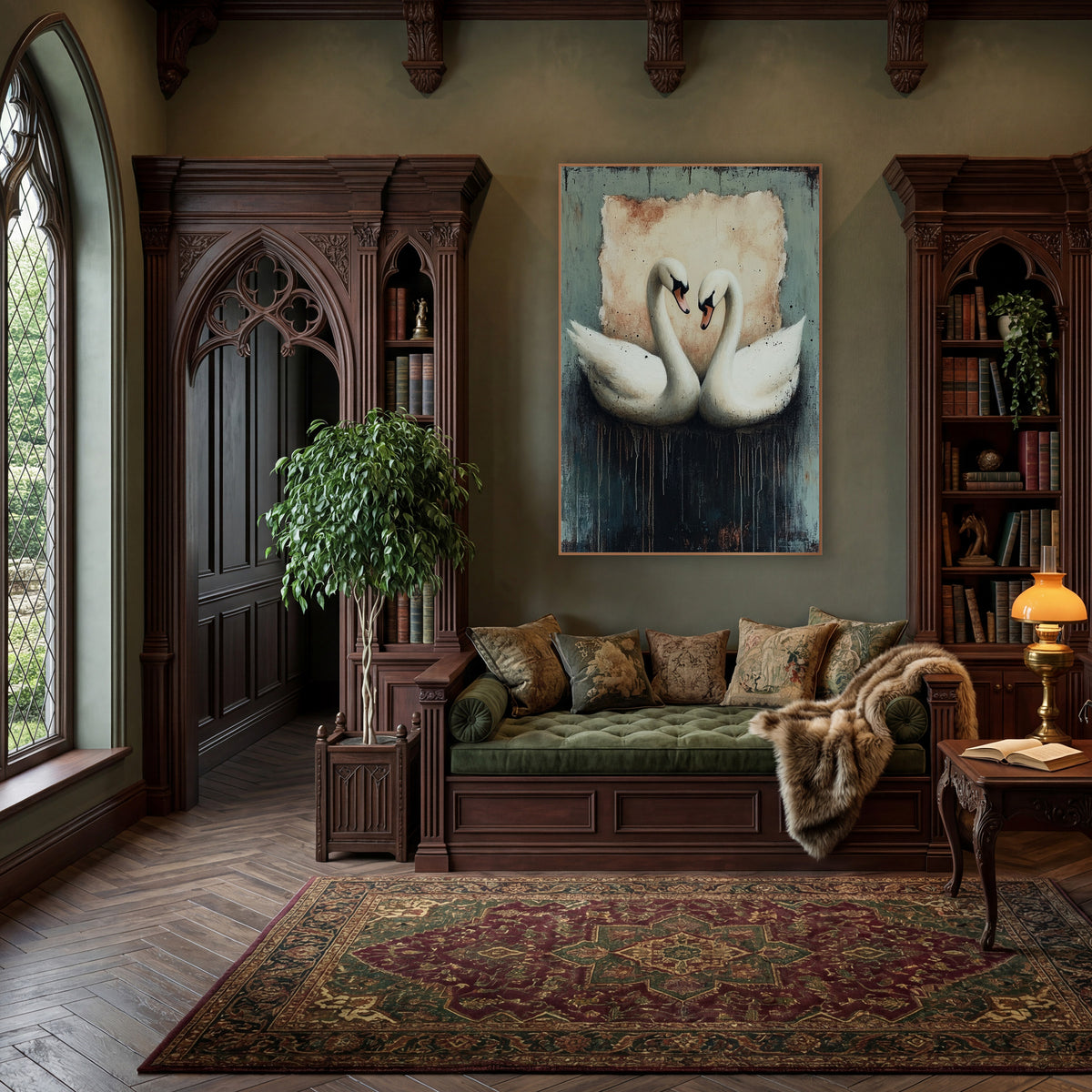 Twin Swans Moody Dark Academia wall art in a moody dark academia room – two white swans with necks curved into a heart