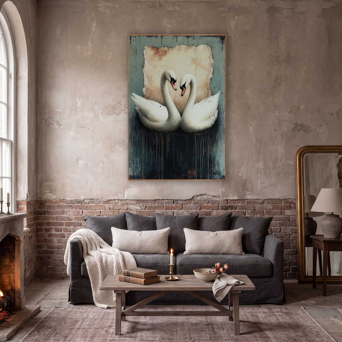 Twin Swans Moody Dark Academia wall art in a moody dark academia room – two white swans with necks curved into a heart