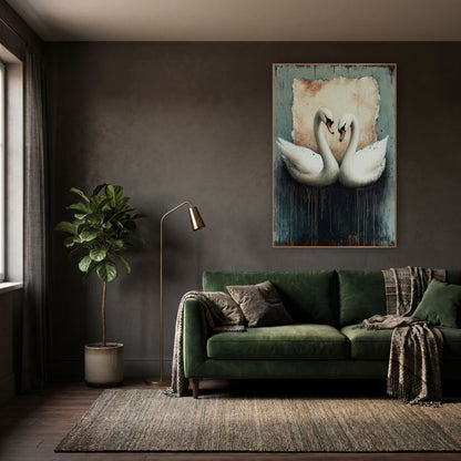 Twin Swans Moody Dark Academia wall art in a moody dark academia room – two white swans with necks curved into a heart