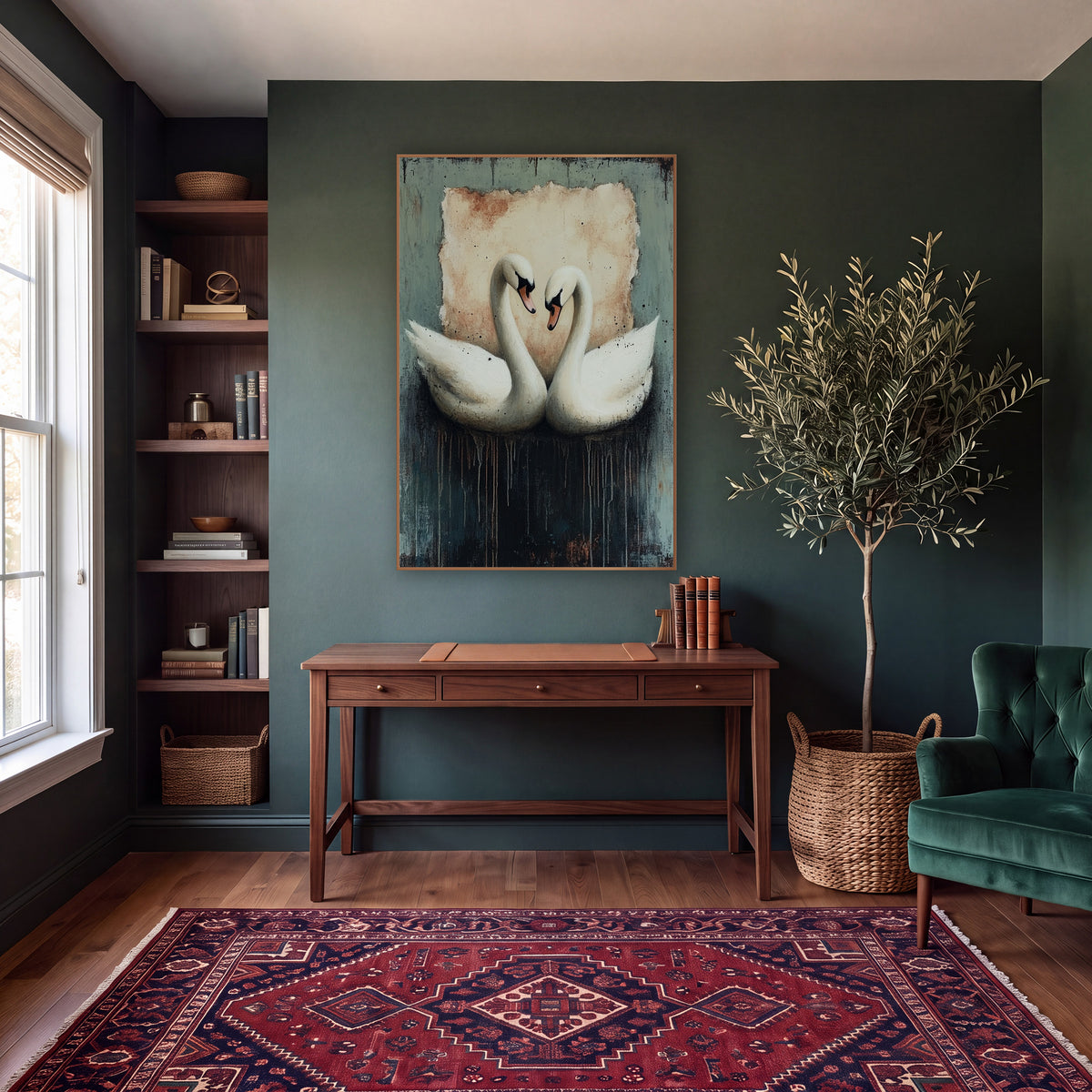 Twin Swans Moody Dark Academia wall art in a moody dark academia room – two white swans with necks curved into a heart