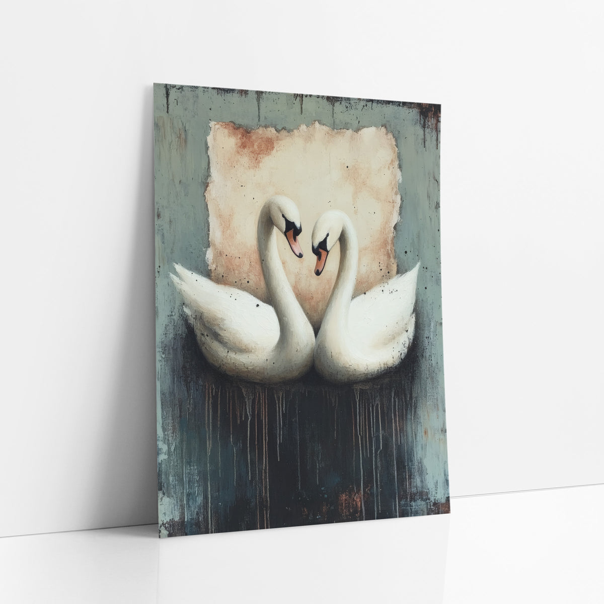 Twin Swans Moody Dark Academia art print leaning against a white wall – two white swans with necks curved into a heart shape