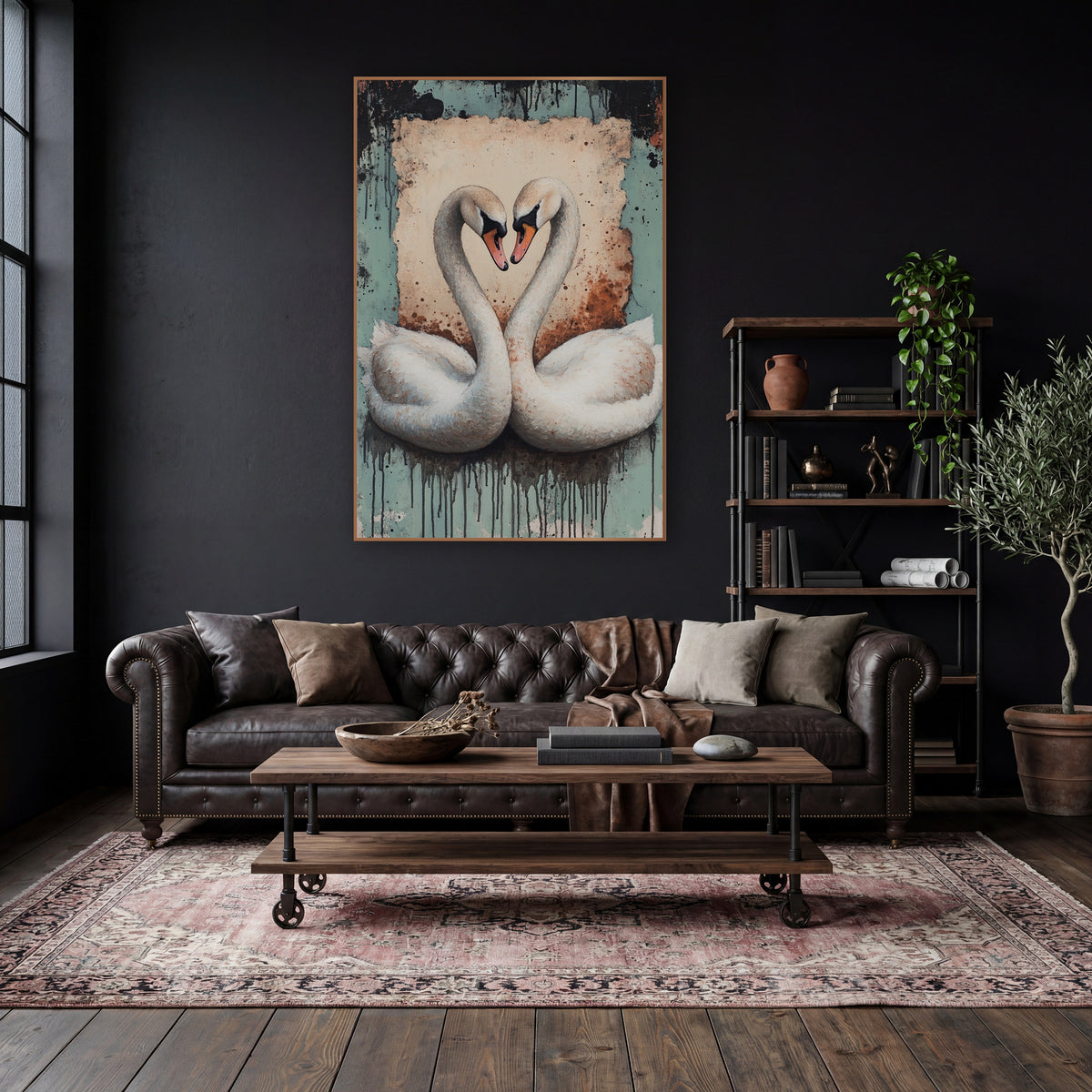 Pair of Swans Heart Distressed Romantic wall art in a moody dark academia room – two white swans with necks forming