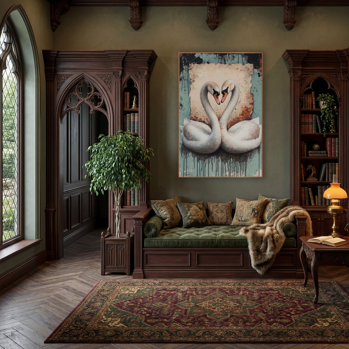 Pair of Swans Heart Distressed Romantic wall art in a moody dark academia room – two white swans with necks forming