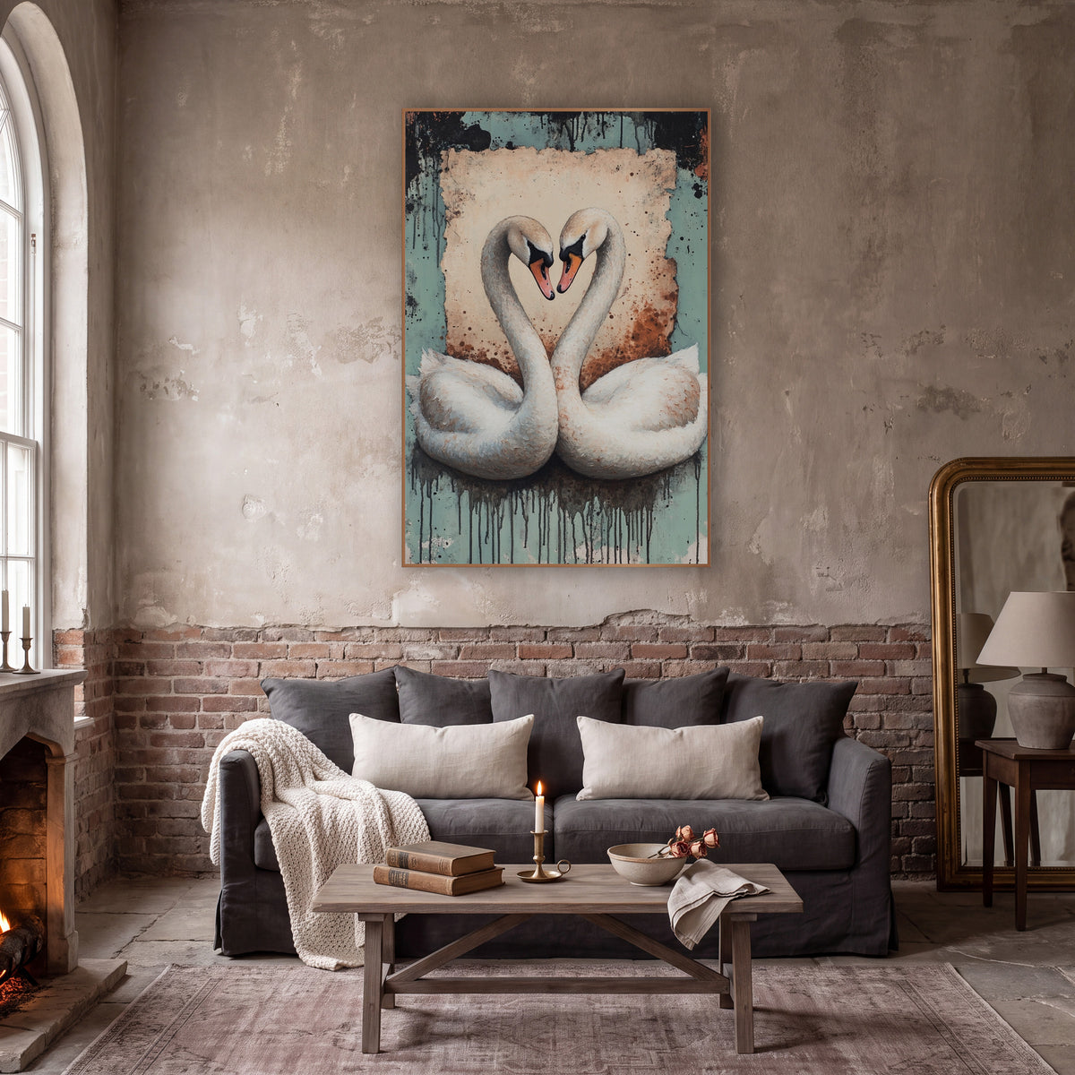 Pair of Swans Heart Distressed Romantic wall art in a moody dark academia room – two white swans with necks forming
