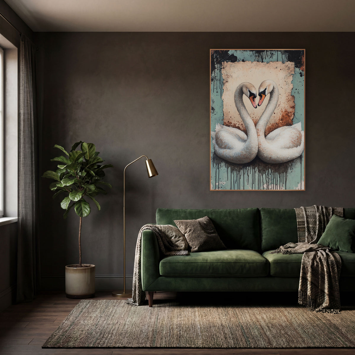 Pair of Swans Heart Distressed Romantic wall art in a moody dark academia room – two white swans with necks forming