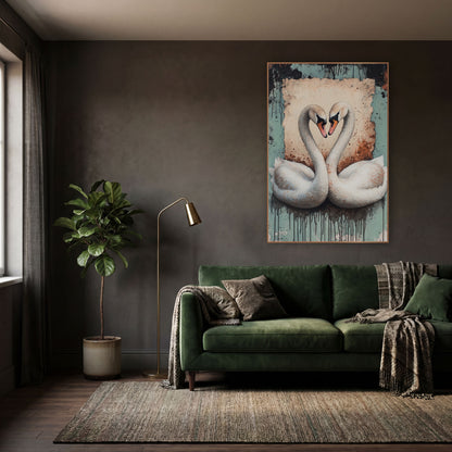 Pair of Swans Heart Distressed Romantic wall art in a moody dark academia room – two white swans with necks forming
