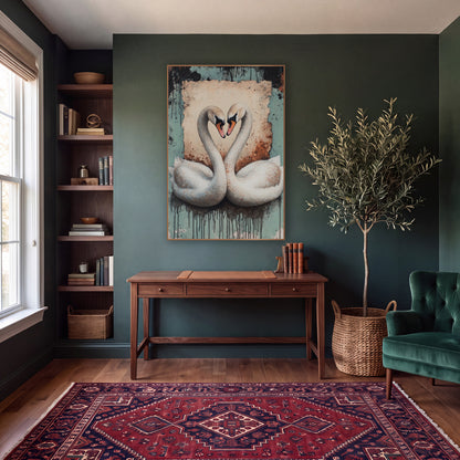 Pair of Swans Heart Distressed Romantic wall art in a moody dark academia room – two white swans with necks forming