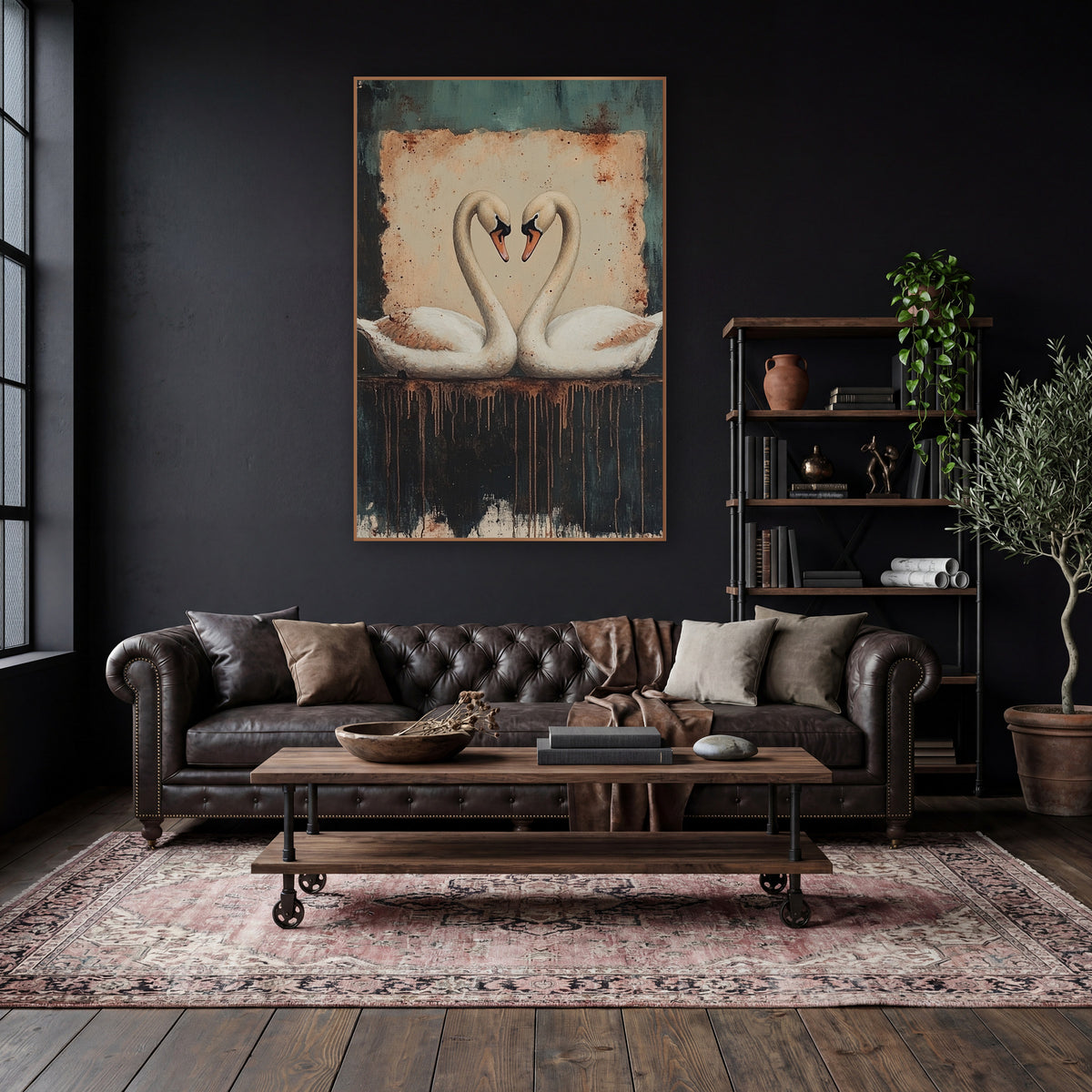 Heart Swans Rust Teal Dark Academia wall art in a moody dark academia room – two white swans facing each other