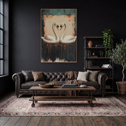 Heart Swans Rust Teal Dark Academia wall art in a moody dark academia room – two white swans facing each other