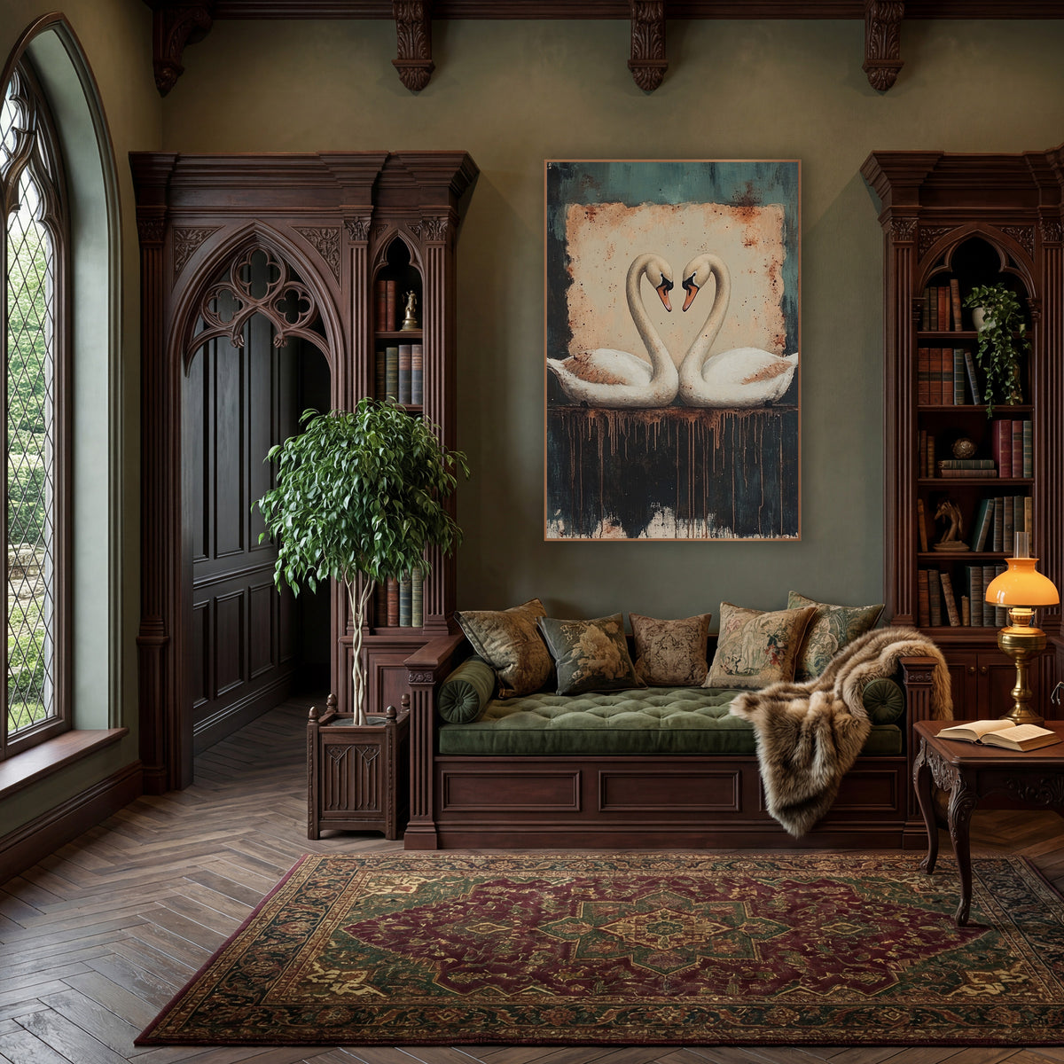 Heart Swans Rust Teal Dark Academia wall art in a moody dark academia room – two white swans facing each other