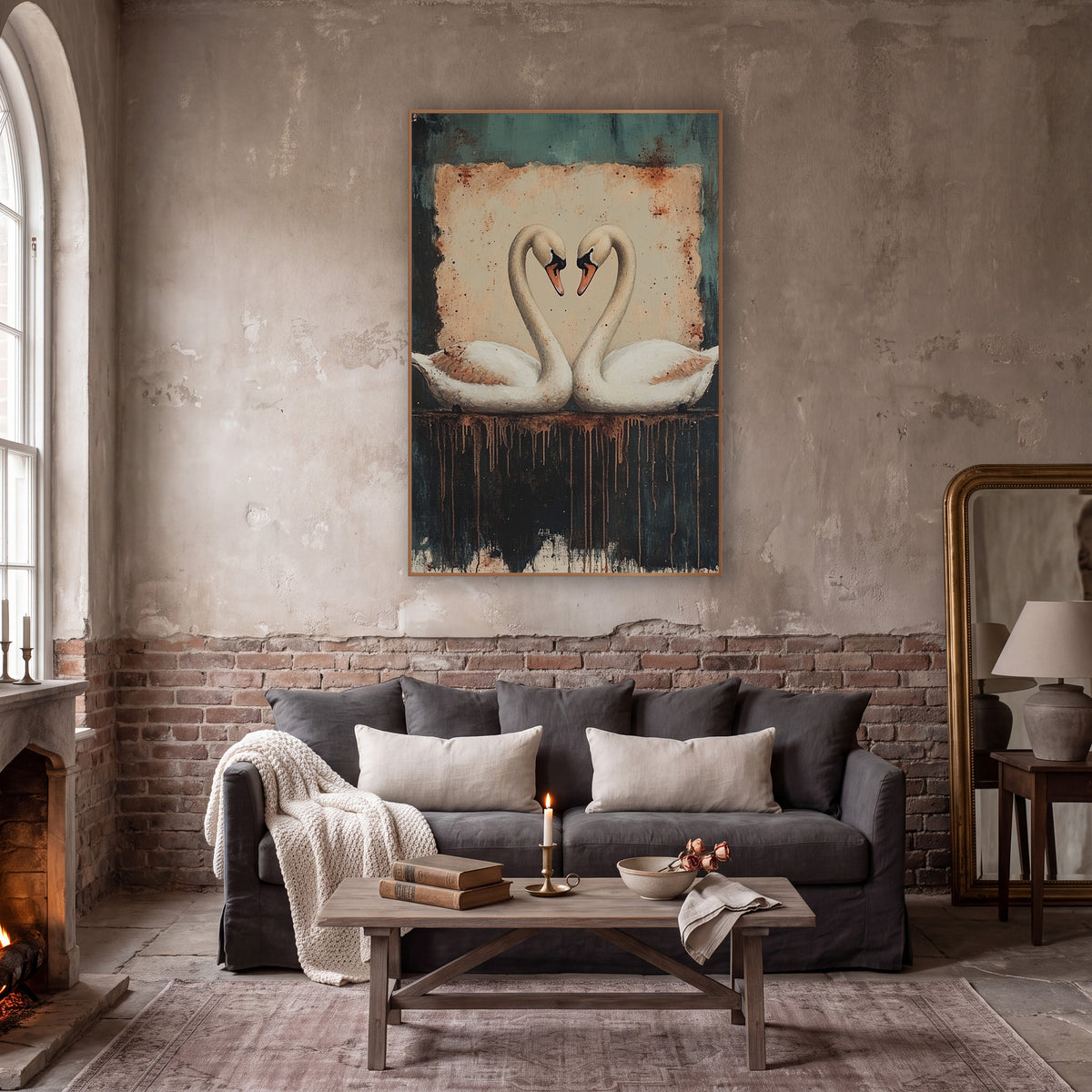 Heart Swans Rust Teal Dark Academia wall art in a moody dark academia room – two white swans facing each other