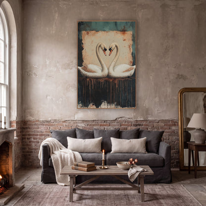 Heart Swans Rust Teal Dark Academia wall art in a moody dark academia room – two white swans facing each other