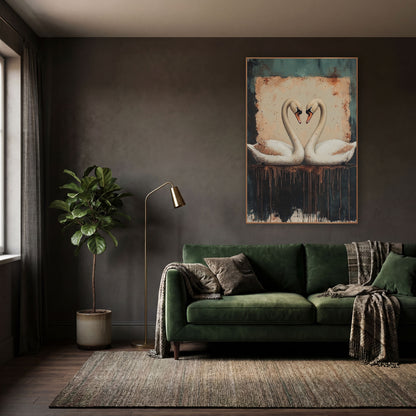 Heart Swans Rust Teal Dark Academia wall art in a moody dark academia room – two white swans facing each other