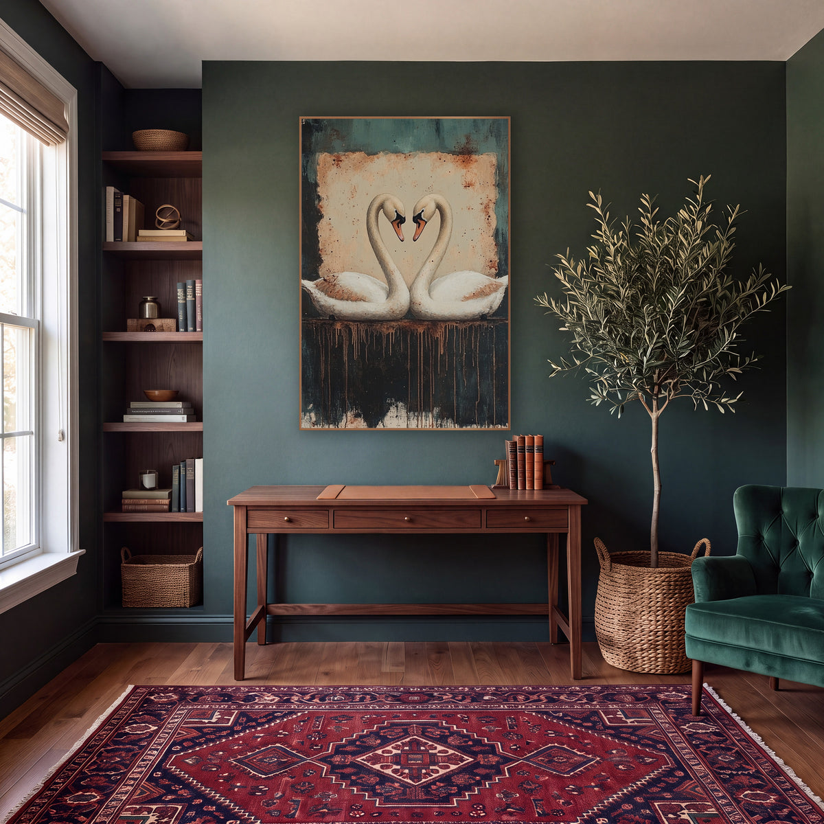 Heart Swans Rust Teal Dark Academia wall art in a moody dark academia room – two white swans facing each other