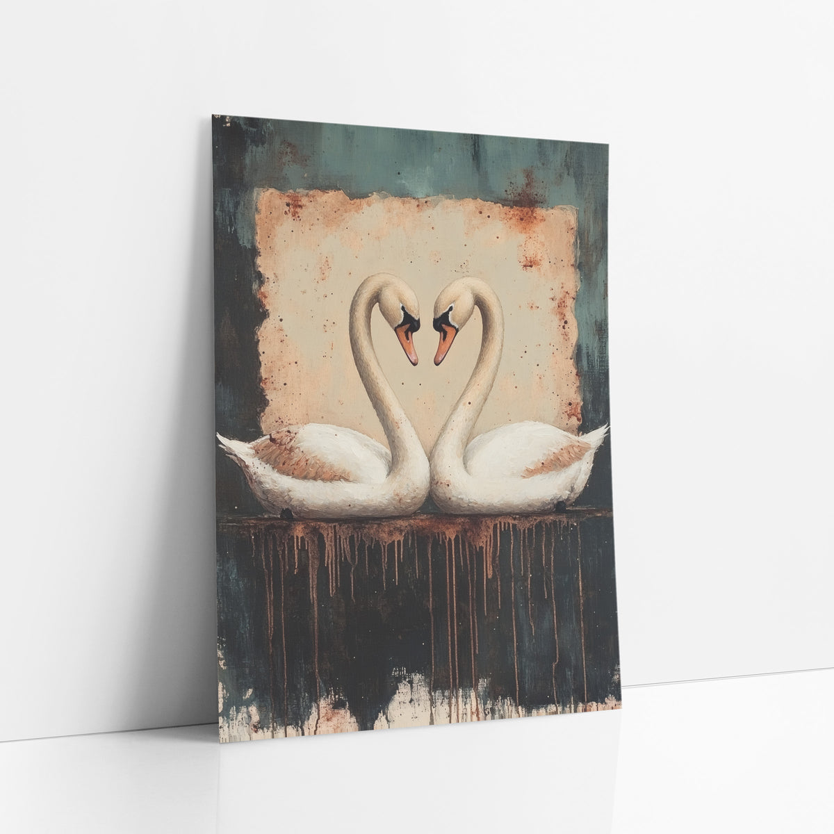 Heart Swans Rust Teal Dark Academia art print leaning against a white wall – two white swans facing each other with necks
