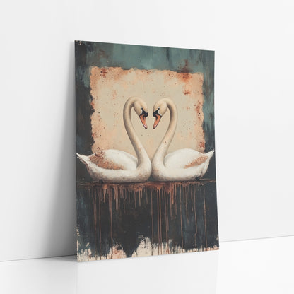 Heart Swans Rust Teal Dark Academia art print leaning against a white wall – two white swans facing each other with necks