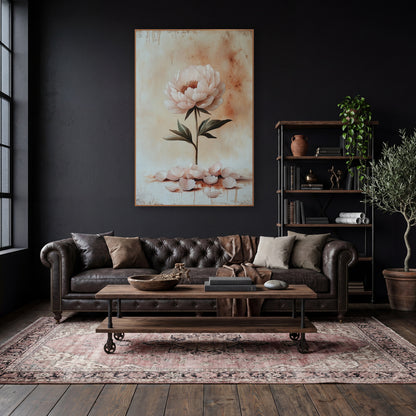 Upright Blush Peony Fallen Petals Rustic wall art in a moody dark academia room – single pale pink peony on a tall