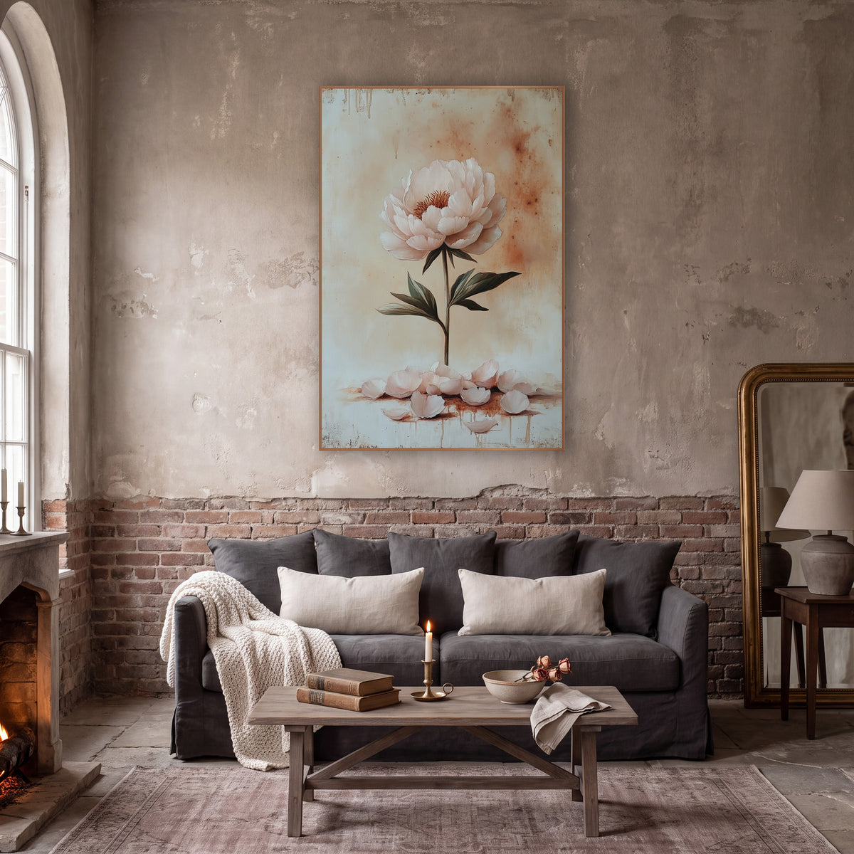 Upright Blush Peony Fallen Petals Rustic wall art in a moody dark academia room – single pale pink peony on a tall