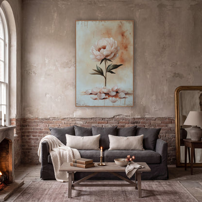 Upright Blush Peony Fallen Petals Rustic wall art in a moody dark academia room – single pale pink peony on a tall