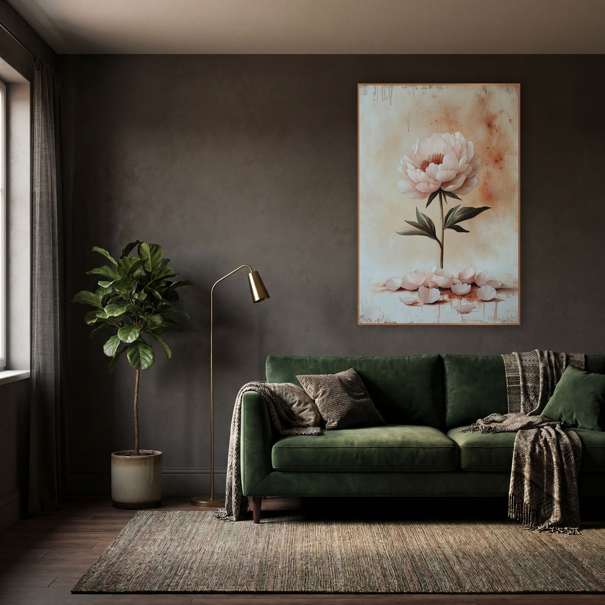 Upright Blush Peony Fallen Petals Rustic wall art in a moody dark academia room – single pale pink peony on a tall