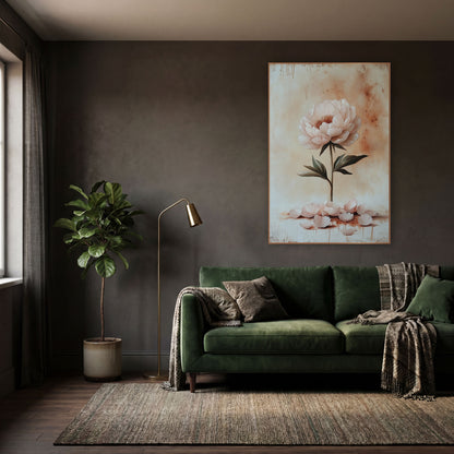Upright Blush Peony Fallen Petals Rustic wall art in a moody dark academia room – single pale pink peony on a tall