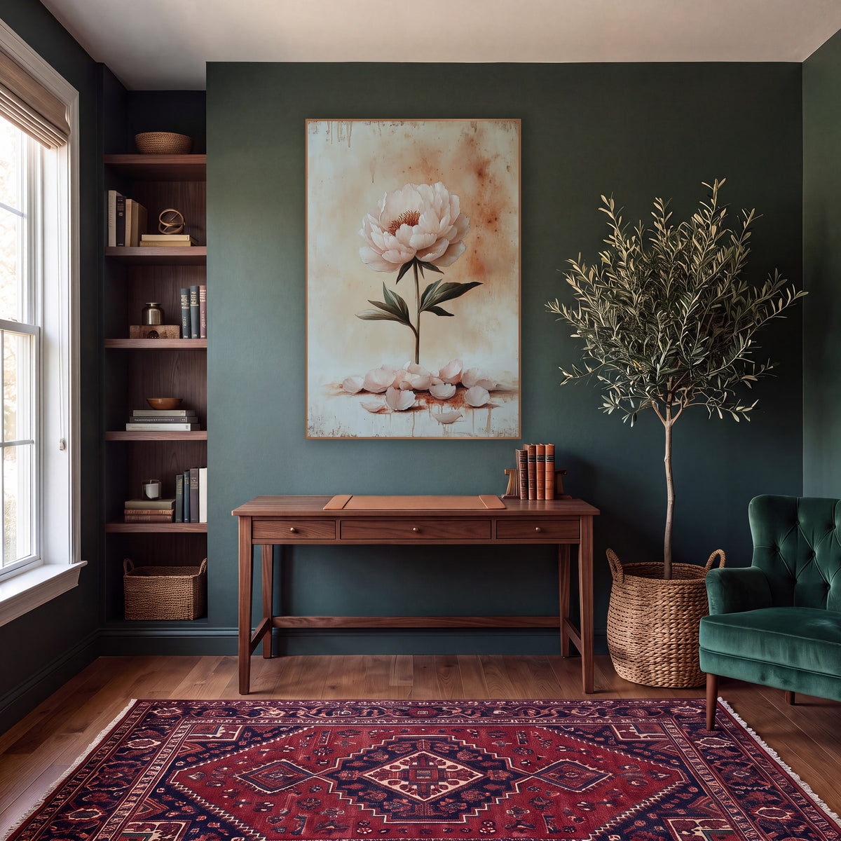Upright Blush Peony Fallen Petals Rustic wall art in a moody dark academia room – single pale pink peony on a tall