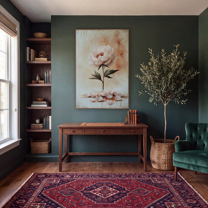 Upright Blush Peony Fallen Petals Rustic wall art in a moody dark academia room – single pale pink peony on a tall