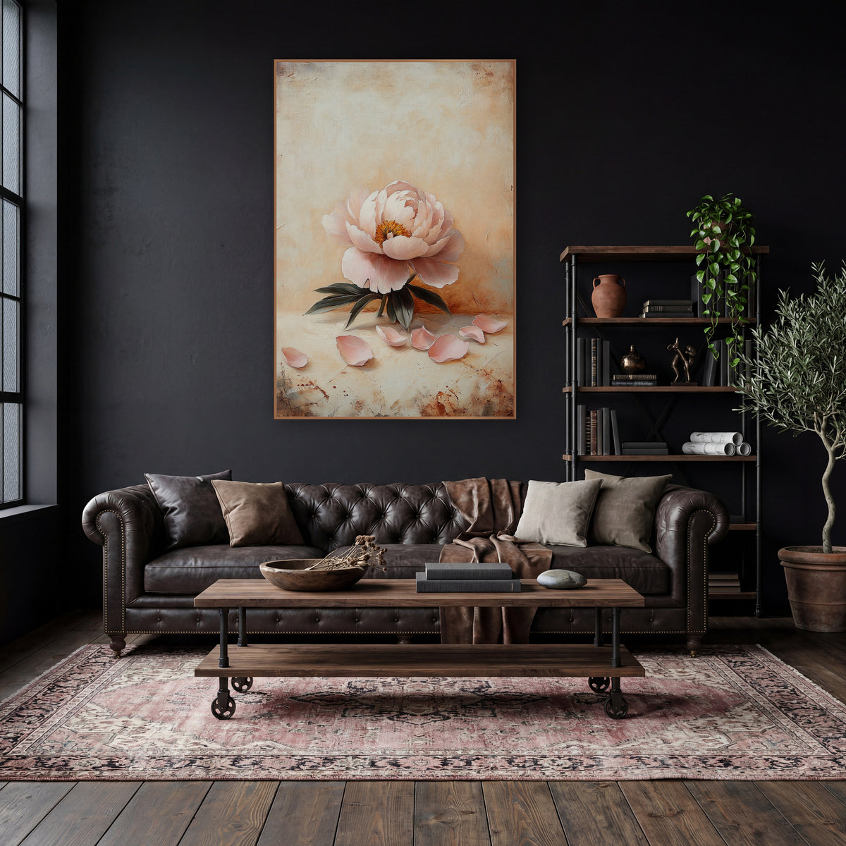Resting Peony Scattered Petals Vintage wall art in a moody dark academia room – single blush pink peony with dark