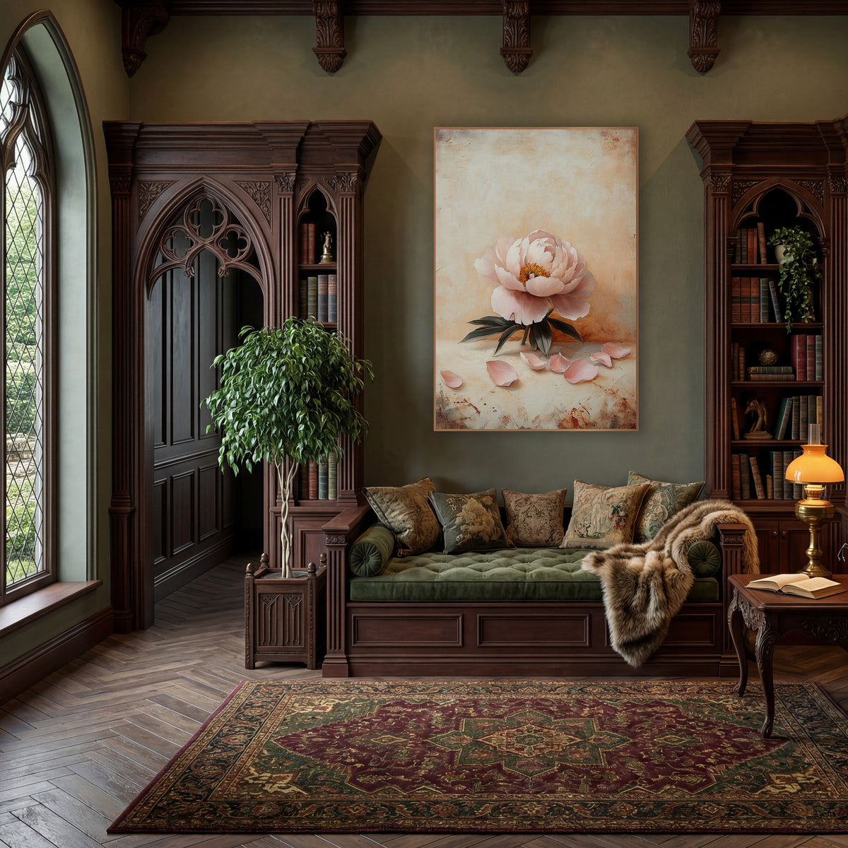 Resting Peony Scattered Petals Vintage wall art in a moody dark academia room – single blush pink peony with dark