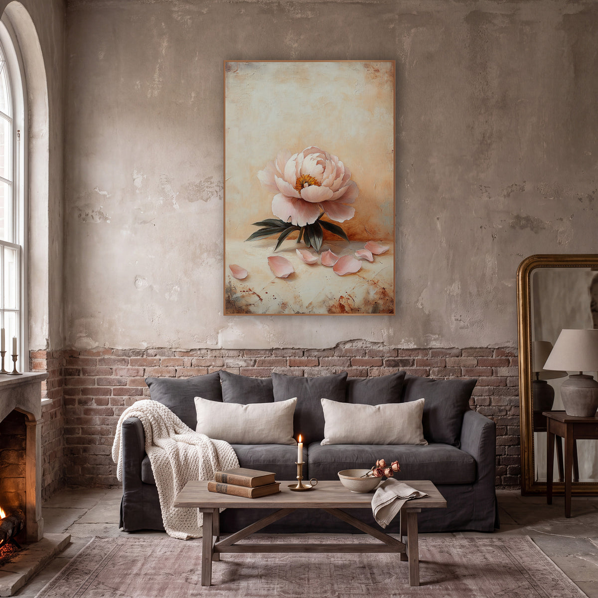Resting Peony Scattered Petals Vintage wall art in a moody dark academia room – single blush pink peony with dark