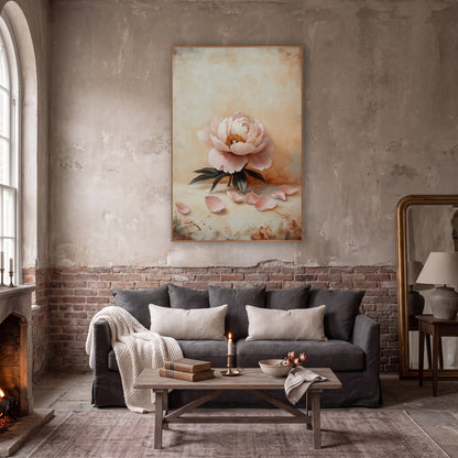 Resting Peony Scattered Petals Vintage wall art in a moody dark academia room – single blush pink peony with dark