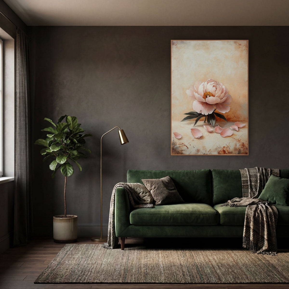 Resting Peony Scattered Petals Vintage wall art in a moody dark academia room – single blush pink peony with dark