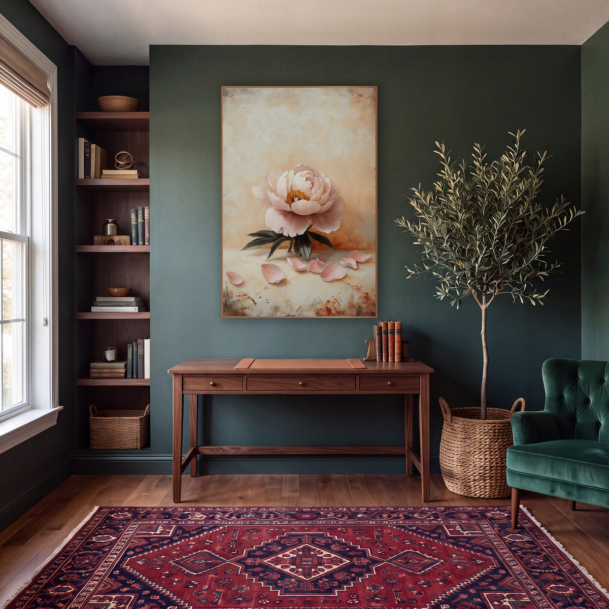 Resting Peony Scattered Petals Vintage wall art in a moody dark academia room – single blush pink peony with dark
