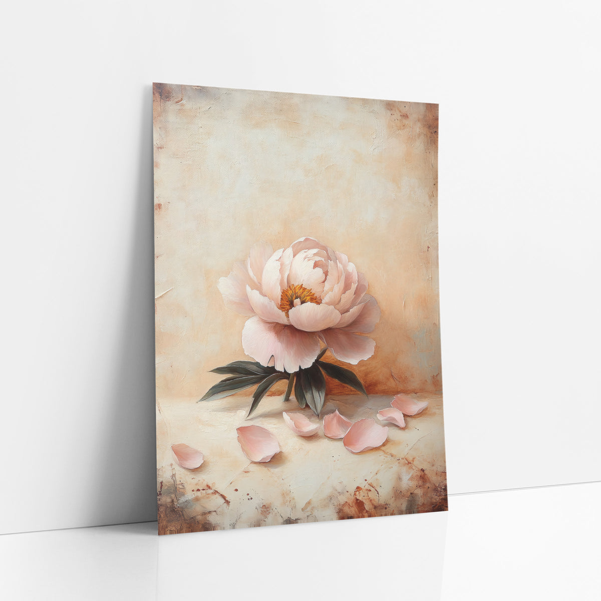 Resting Peony Scattered Petals Vintage art print leaning against a white wall – single blush pink peony with dark green