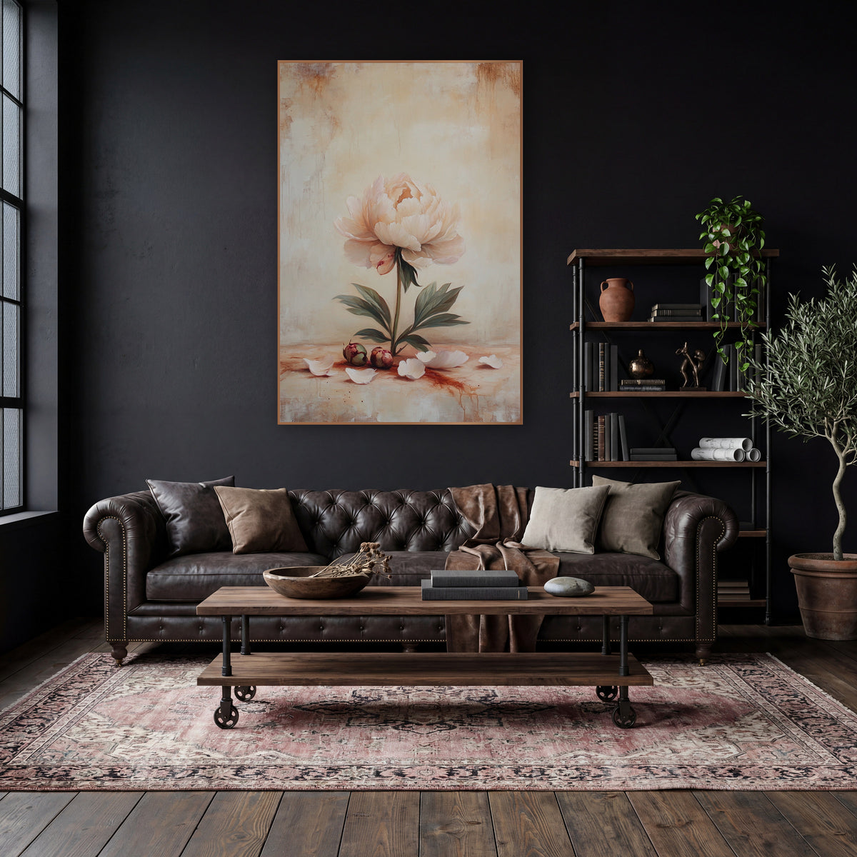 Upright Blush Peony Scattered Petals Classic wall art in a moody dark academia room – pale cream-pink peony on a green