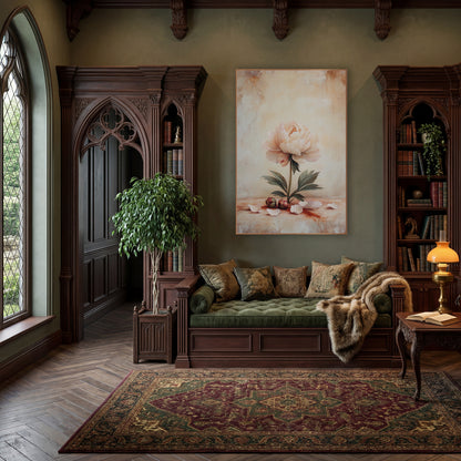 Upright Blush Peony Scattered Petals Classic wall art in a moody dark academia room – pale cream-pink peony on a green