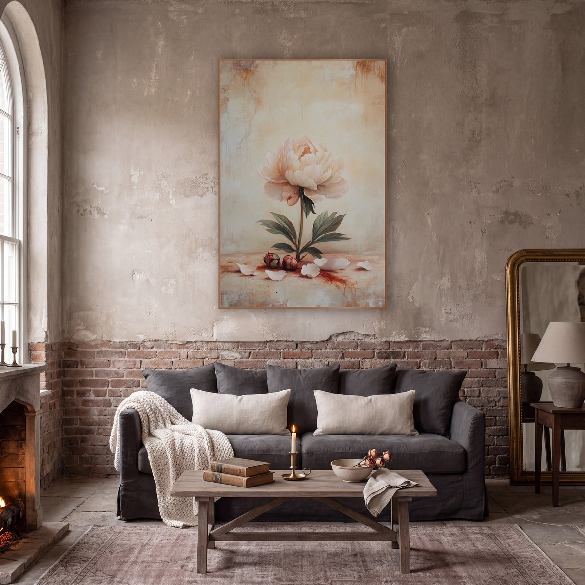 Upright Blush Peony Scattered Petals Classic wall art in a moody dark academia room – pale cream-pink peony on a green