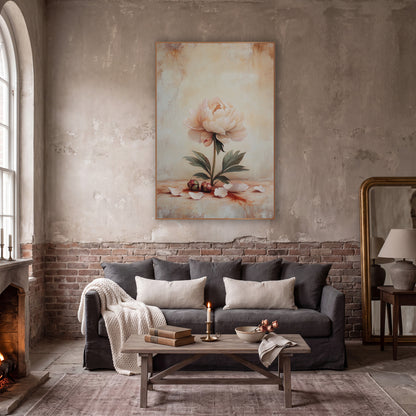 Upright Blush Peony Scattered Petals Classic wall art in a moody dark academia room – pale cream-pink peony on a green