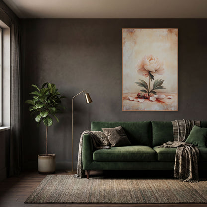 Upright Blush Peony Scattered Petals Classic wall art in a moody dark academia room – pale cream-pink peony on a green