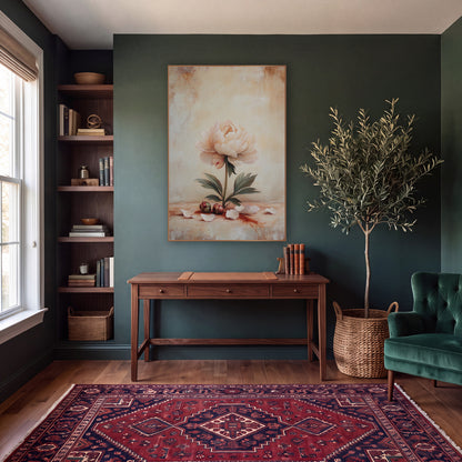 Upright Blush Peony Scattered Petals Classic wall art in a moody dark academia room – pale cream-pink peony on a green