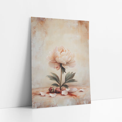 Upright Blush Peony Scattered Petals Classic art print leaning against a white wall – pale cream-pink peony on a green stem