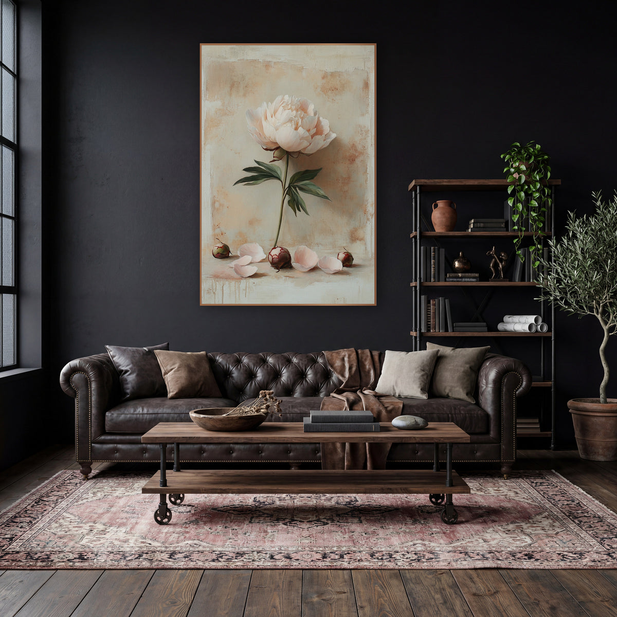 Lone Peony Fallen Petals Classic wall art in a moody dark academia room – pale pink peony on a green stem