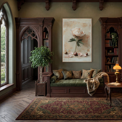 Lone Peony Fallen Petals Classic wall art in a moody dark academia room – pale pink peony on a green stem