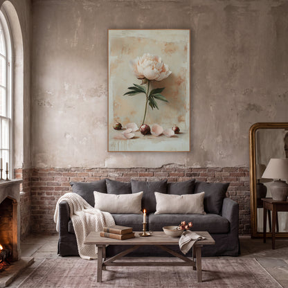 Lone Peony Fallen Petals Classic wall art in a moody dark academia room – pale pink peony on a green stem