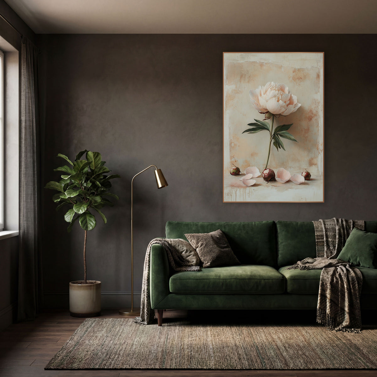 Lone Peony Fallen Petals Classic wall art in a moody dark academia room – pale pink peony on a green stem